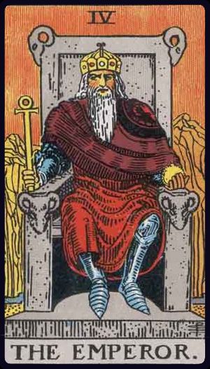 Tarotkarte Der Herrscher (Rider–Waite): gekrönter Herrscher auf steinernem Thron mit Widderköpfen, rotes Gewand, Ankh-Zepter und Orb; Symbol für Ordnung und Autorität.