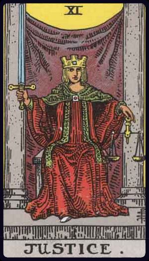 gerechtigkeit tarot bedeutung: thronende Figur zwischen Säulen mit Waage und aufrechtem Schwert (Rider–Waite) – Ausgleich, Wahrheit, Verantwortung.