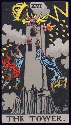 der turm tarot bedeutung: Blitz schlägt in einen Turm, Krone fliegt herab, zwei Figuren stürzen – plötzlicher Umbruch, Offenbarung, Befreiung aus starren Strukturen.