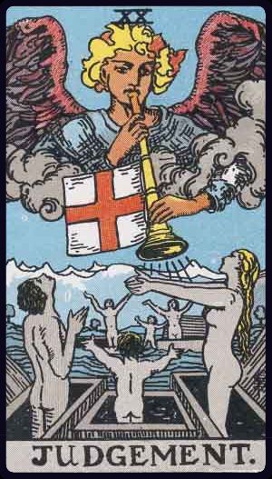 das gericht tarot bedeutung: Engel mit Trompete und Banner (rotes Kreuz), Menschen steigen aus Särgen – Ruf, Wiedergeburt, Entscheidung, Berufung.