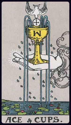 ass der kelche tarot bedeutung: Hand aus Wolke hält überfließenden Kelch; Taube, Wasserströme, Lotus – Quelle, Herzöffnung, spirituelle Fülle.
