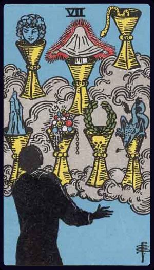 sieben der kelche tarot bedeutung: sieben Kelche auf Wolken mit Symbolen (Schlange, Krone, Drache, Juwel, etc.) – Optionen, Vision, Illusion, Auswahl.