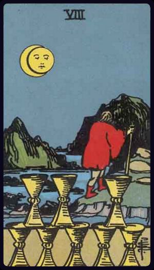 acht der kelche tarot bedeutung: Gestalt wendet sich von acht Kelchen ab, Mond/Landschaft – Loslassen, Sinnsuche, Weitergehen.