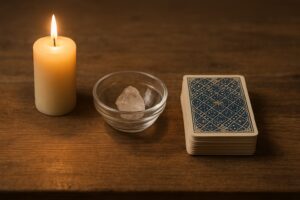 Morgenritual: Tarot-Deck, Kerze und Kristall auf einem Holzaltar.