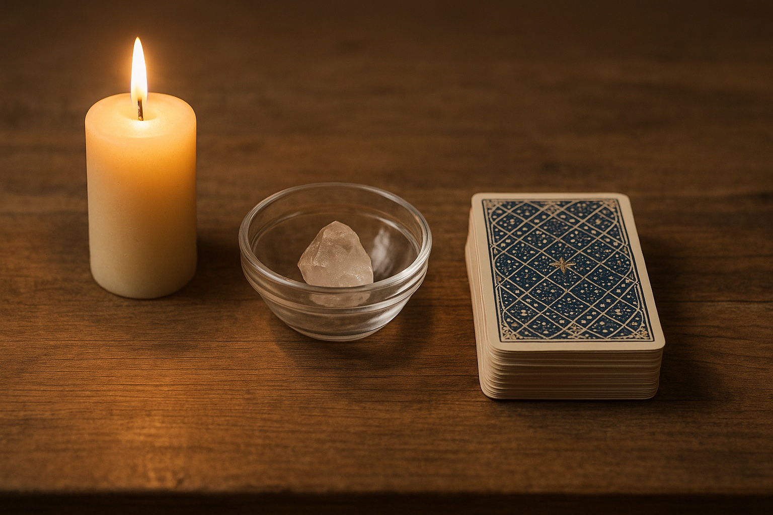 Morgenritual: Tarot-Deck, Kerze und Kristall auf einem Holzaltar.