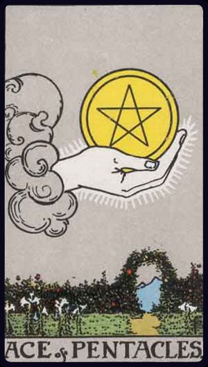 ass der münzen tarot bedeutung: Hand aus Wolke hält eine goldene Münze über Gartenpfad mit Torbogen – Chance, Materielles, greifbarer Neubeginn.