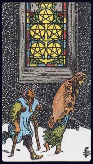 fünf der münzen tarot bedeutung: zwei Gestalten im Schnee vor buntem Kirchenfenster – Mangel, Ausschluss, Hilfe suchen.
