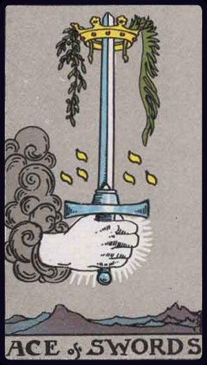 ass der schwerter tarot bedeutung: Hand aus einer Wolke hält ein aufrechtes Schwert mit Krone, Lorbeer und Palme – Klarheit, Wahrheit, Entscheidung, geistiger Durchbruch.