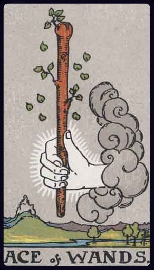 ass der stäbe tarot bedeutung: Hand aus Wolke reicht einen knospenden Stab über Landschaft – Inspiration, Anfangskraft, Initiative.