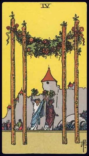 vier der stäbe tarot bedeutung: festlicher Torbogen aus Blumen/Schleifen mit vier Stäben, zwei Figuren jubeln, Burg im Hintergrund – Freude, Stabilität, Meilenstein.