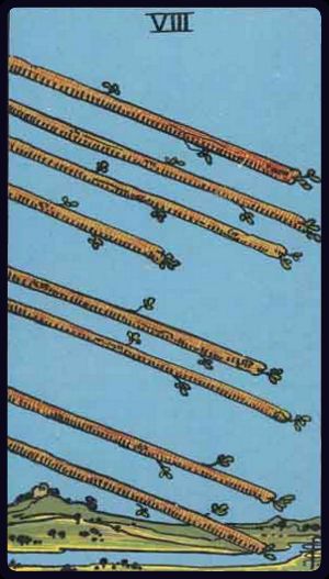 acht der stäbe tarot bedeutung: acht Stäbe fliegen diagonal über Landschaft – Tempo, Nachrichten, Momentum, zügiger Fortschritt.