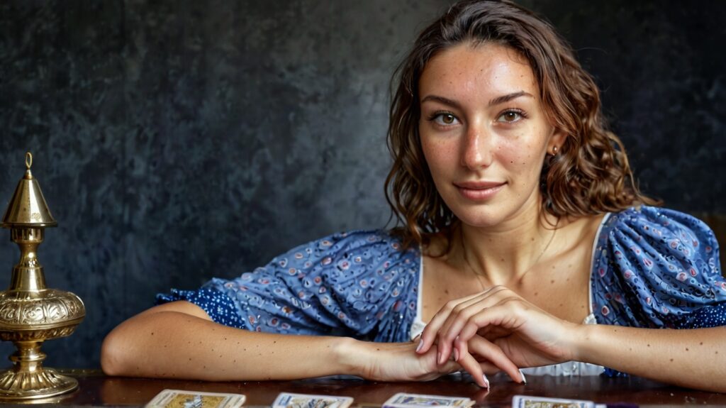 Laila sitzt am Tisch mit Tarotkarten; Kerze im Hintergrund; ruhige, achtsame Stimmung.