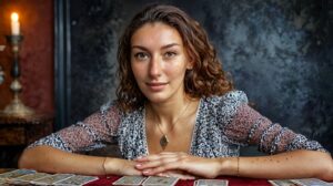 Laila sitzt am Tisch mit Tarotkarten; Kerze im Hintergrund; ruhige, achtsame Stimmung.