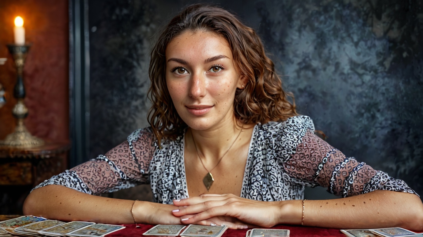 Laila sitzt am Tisch mit Tarotkarten; Kerze im Hintergrund; ruhige, achtsame Stimmung.