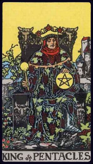 könig der münzen tarot bedeutung: thronender Herrscher mit Münze, Weinlaub, Stiere – Stabilität, Wohlstand, Verantwortung