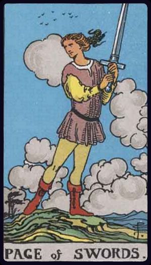 bube der schwerter tarot bedeutung: wachsame Figur mit erhobenem Schwert im Wind, Wolken und Hügel – Aufmerksamkeit, Neugier, Klarheit