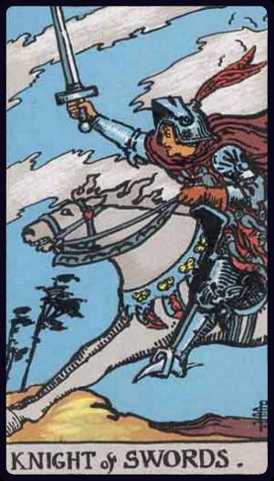 ritter der schwerter tarot bedeutung: Reiter stürmt mit erhobenem Schwert gegen den Wind – Tempo, Entschluss, Direktheit