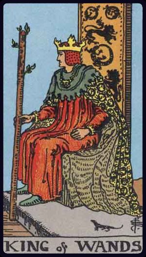 könig der stäbe tarot bedeutung: König mit blühendem Stab, Löwen/Salamander-Motive – Führung, Vision, Tatkraft